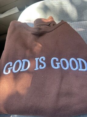 Brown 'God Is Good' Embroidered Crewneck Sweater